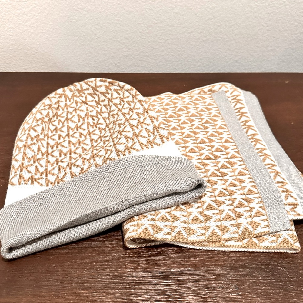 Matching beanie and scarf. Michael Kors. White/tan. Never used. No bag no box